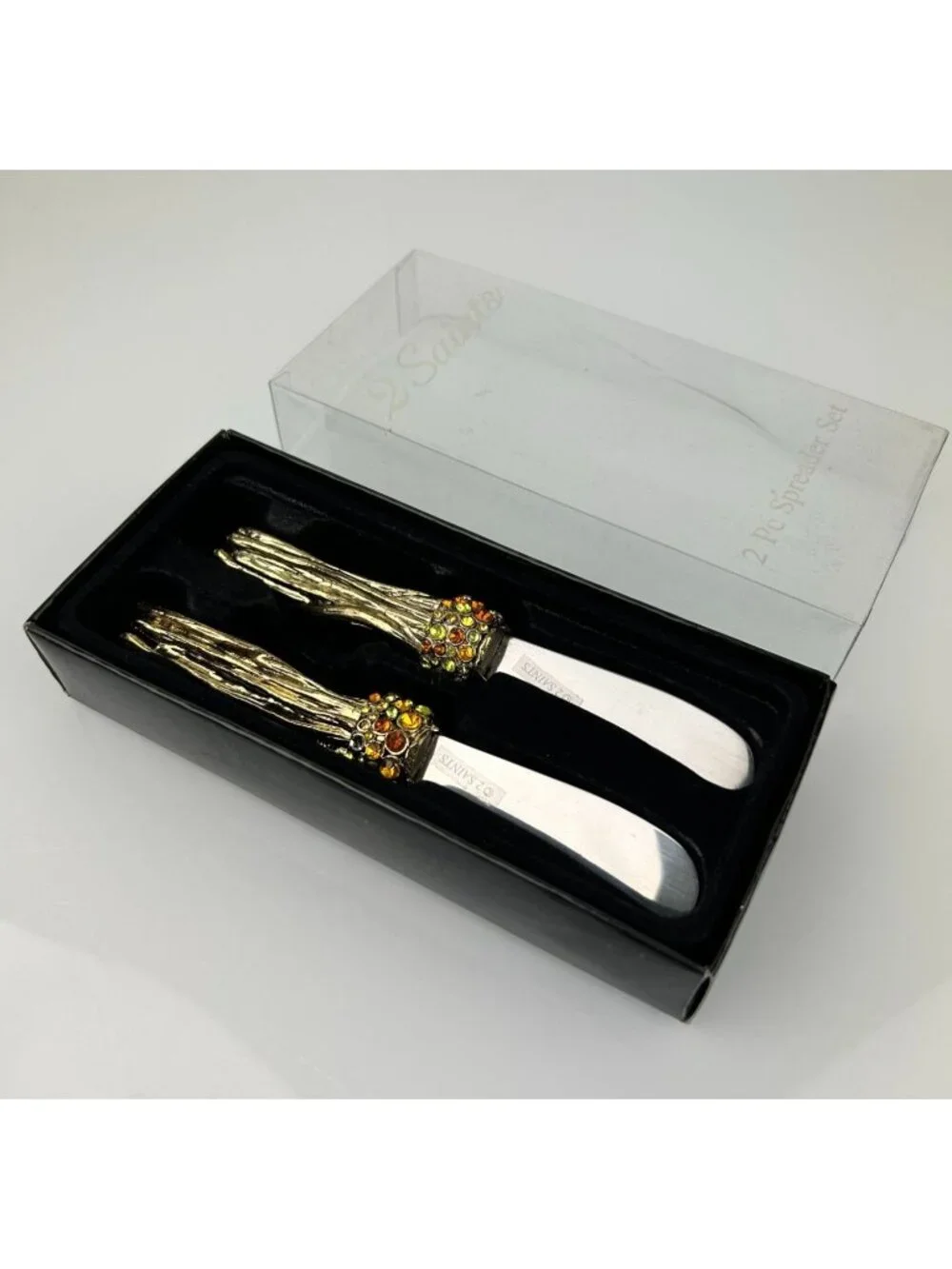 2 Saints Butter Cheese Spreader Knife Set Rhinestone Wood Bark Fall Metal READ